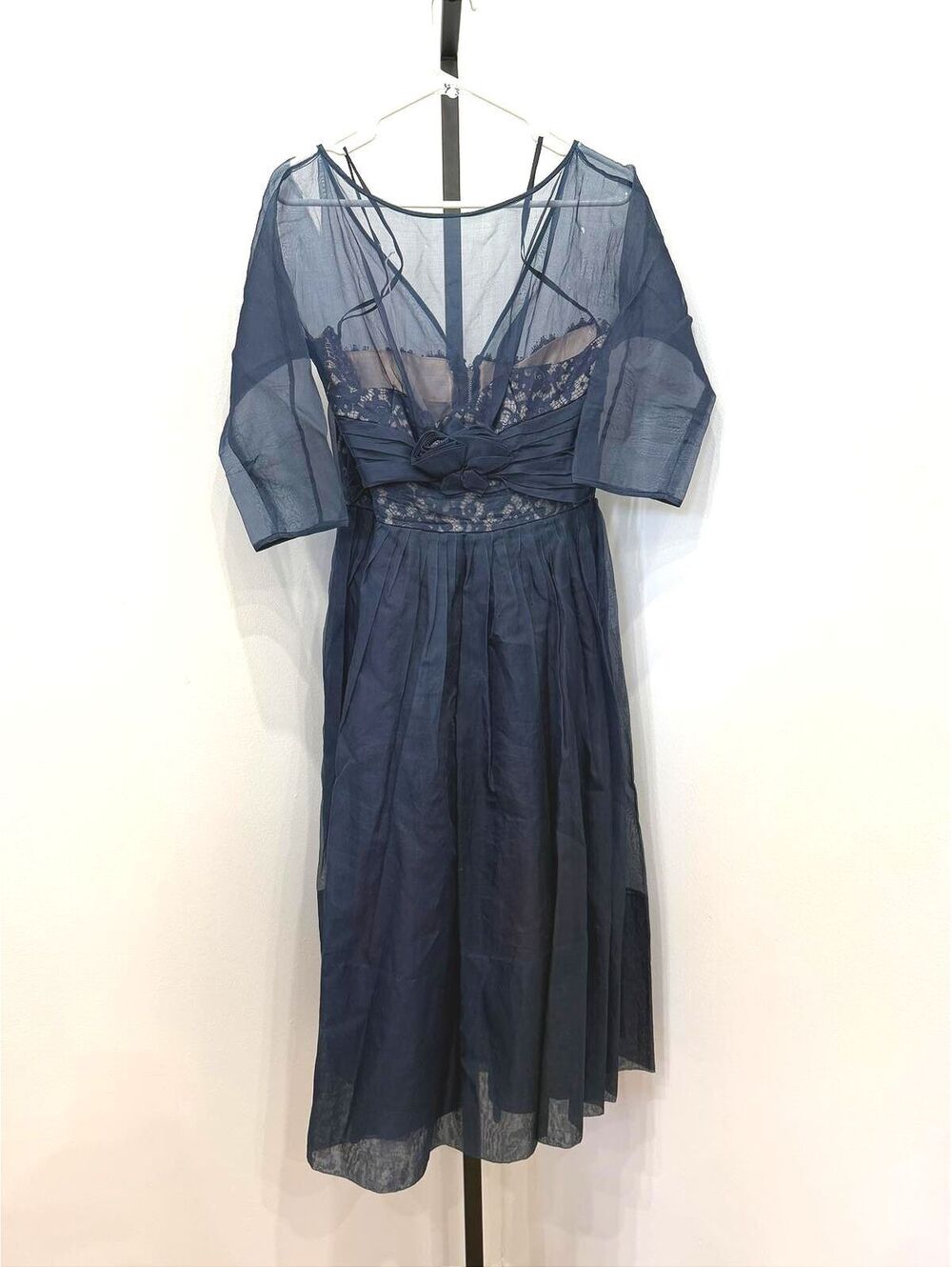 1950s Vintage Navy Blue Sheer Midi Dress with Floral Embroidery *damaged*